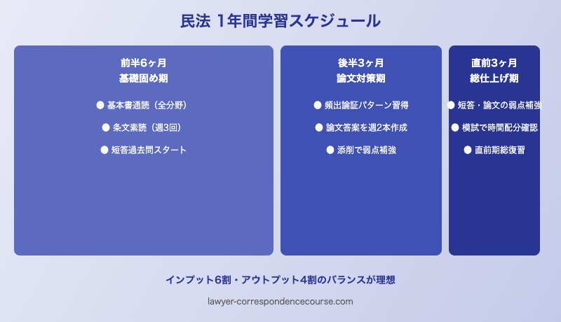 予備試験民法の1年間学習スケジュール（基礎固め・論文対策・直前期）