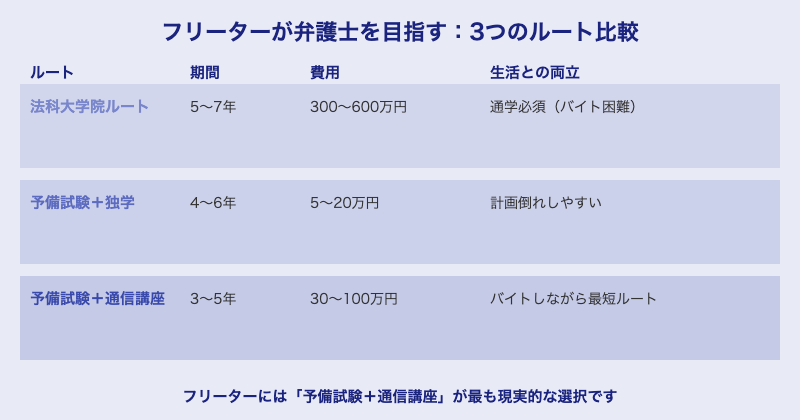 フリーターが弁護士を目指すルート比較