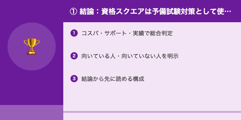 ① 結論:資格スクエアは予備試験対策として使えるか?