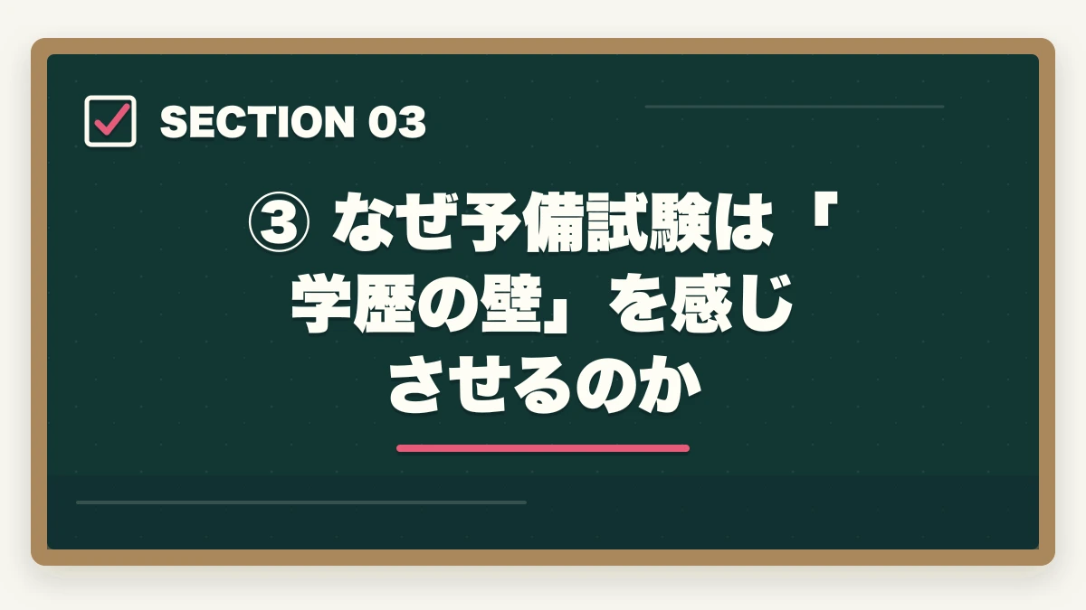 ③ なぜ予備試験は「学歴の壁」を感じさせるのか|予備試験の受験資格は?学歴不要・高卒でも受けられる理由を解説の図解