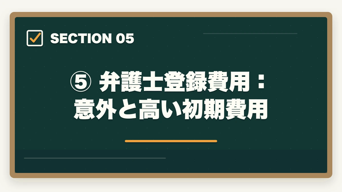 ⑤ 弁護士登録費用：意外と高い初期費用｜弁護士になるための費用はいくら？予備試験ルートで安く抑える方法の図解