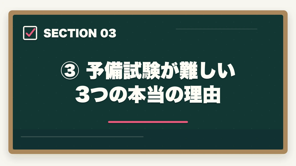 ③ 予備試験が難しい3つの本当の理由｜予備試験の難易度を徹底分析｜合格率・偏差値・最難関と言われる理由の図解