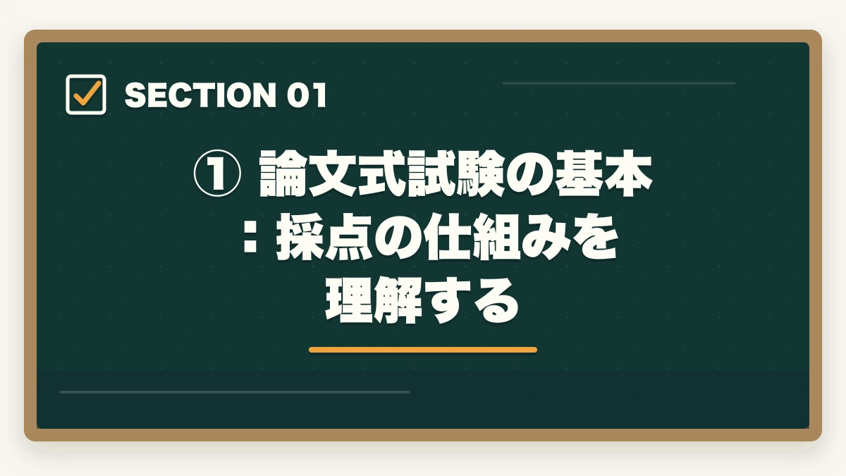 ① 論文式試験の基本：採点の仕組みを理解する｜予備試験の論文式試験の書き方｜答案構成・採点基準・合格答案の作り方の図解