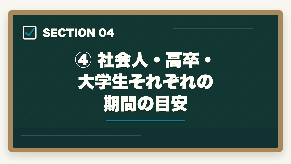 ④ 社会人・高卒・大学生それぞれの期間の目安|弁護士になるまでの期間はどのくらい?最短ルートと年数を徹底解説の図解