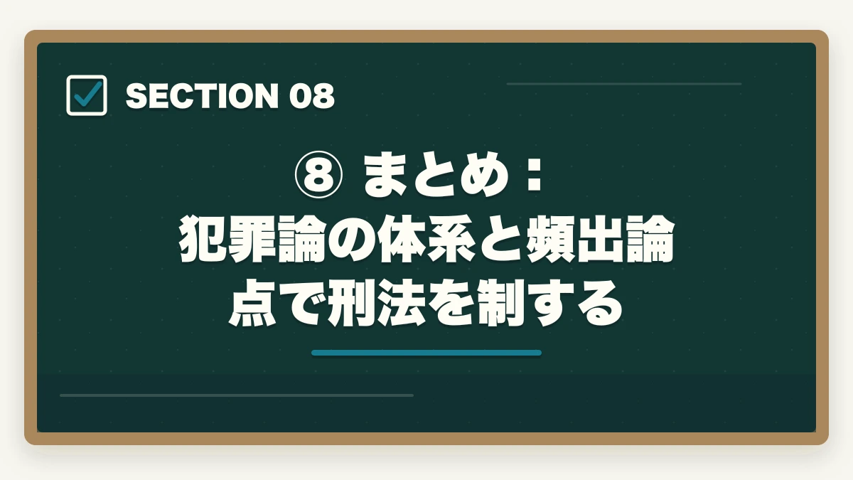 ⑧ まとめ:犯罪論の体系と頻出論点で刑法を制する|予備試験の刑法攻略法|短答・論文の頻出論点と効率的な勉強法の図解