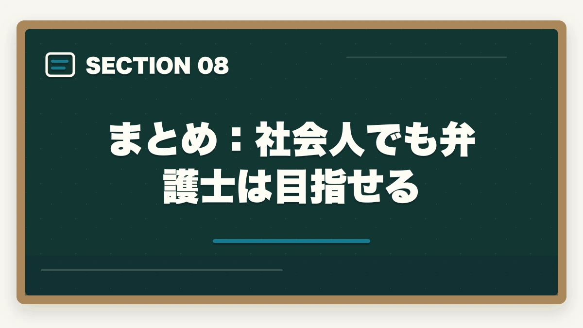 まとめ：社会人でも弁護士は目指せる｜社会人・働きながら弁護士を目指す方法｜予備試験ルートの時間管理と学習戦略の図解