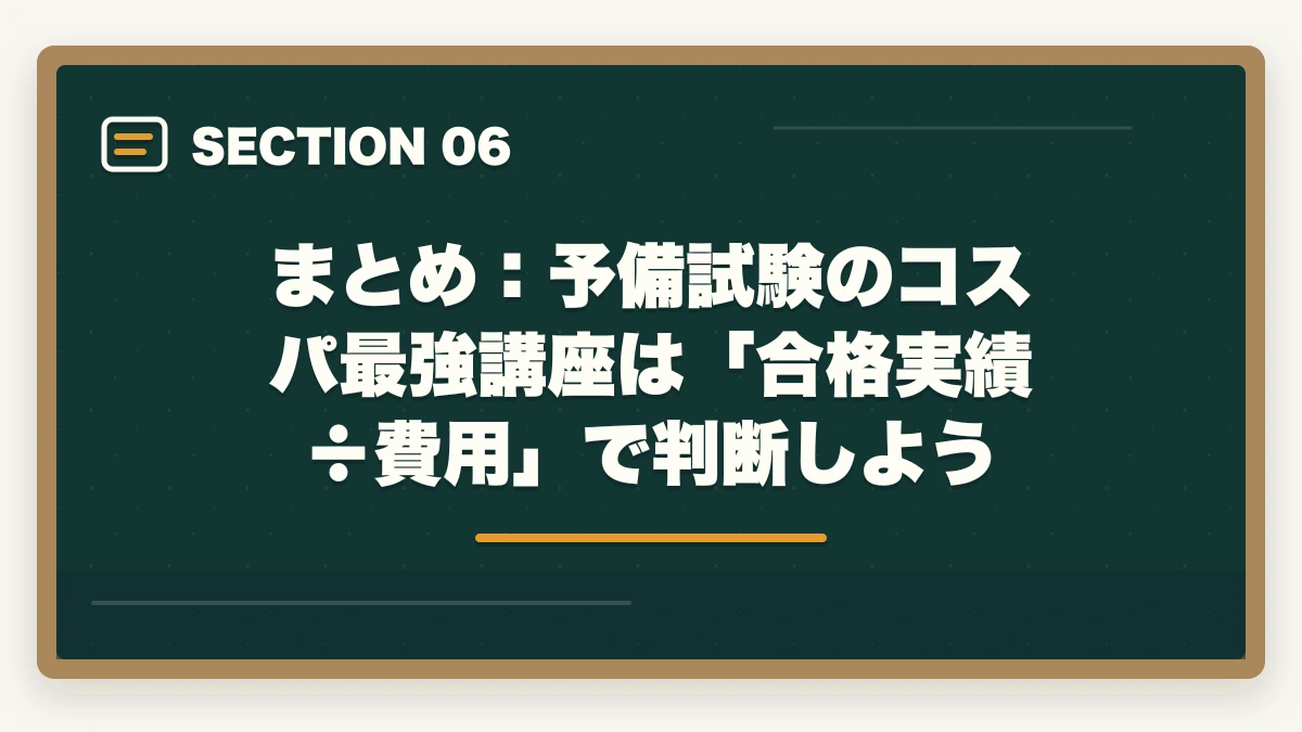 まとめ：予備試験のコスパ最強講座は「合格実績÷費用」で判断しよう｜予備試験の通信講座でコスパが最高なのはどれ？徹底比較【2026年】の図解