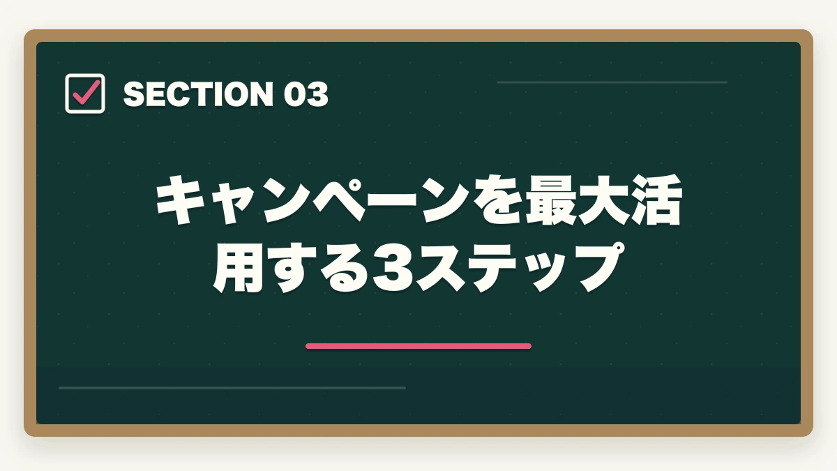 キャンペーンを最大活用する3ステップ|アガルートのキャンペーン・割引情報まとめ!最安値で申し込む方法【2026年最新】の図解