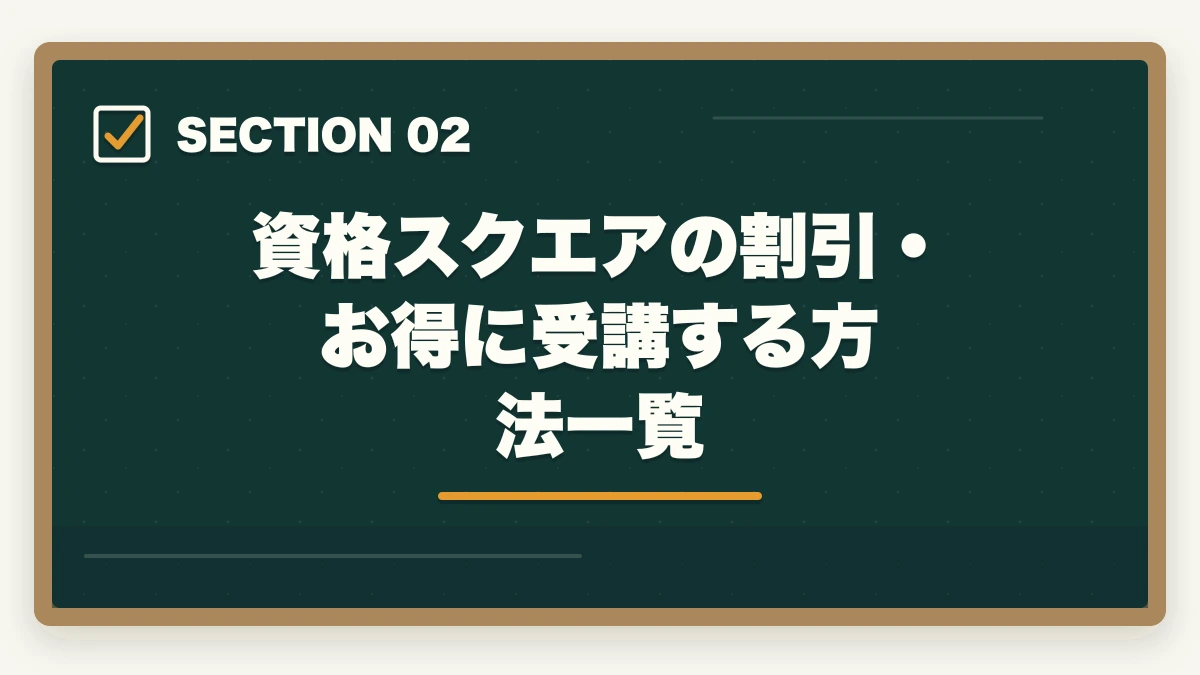 資格スクエアの割引・お得に受講する方法一覧｜資格スクエアのクーポン・割引情報まとめ！最安値で申し込む方法【2026年最新】の図解