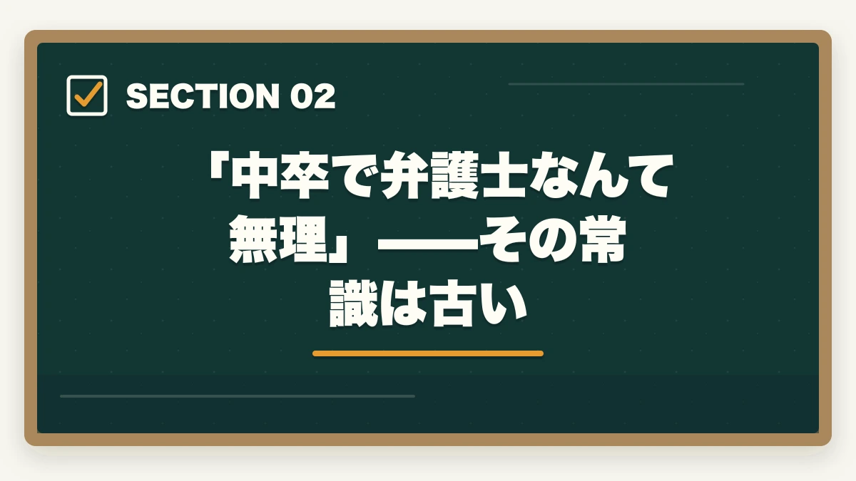 「中卒で弁護士なんて無理」——その常識は古い｜中卒でも弁護士になれる？実在する合格者と予備試験制度の仕組みを解説【2026年最新】の図解
