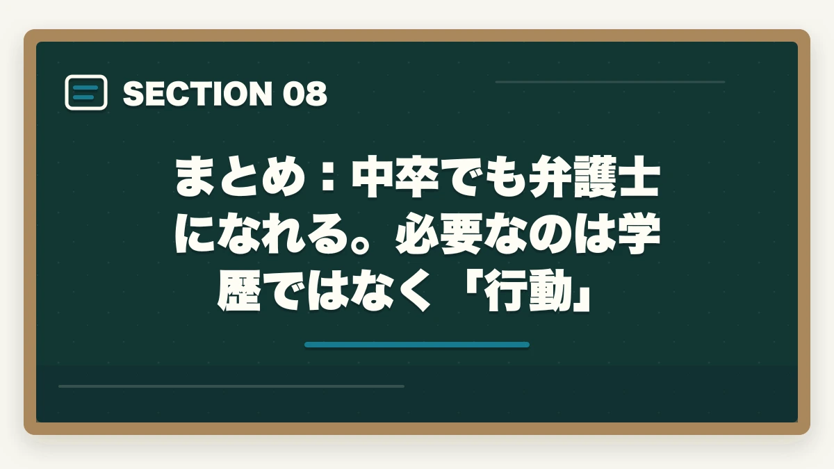 まとめ：中卒でも弁護士になれる。必要なのは学歴ではなく「行動」｜中卒でも弁護士になれる？実在する合格者と予備試験制度の仕組みを解説【2026年最新】の図解