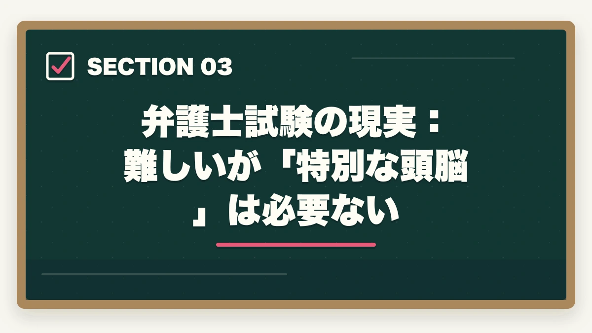 弁護士試験の現実：難しいが「特別な頭脳」は必要ない｜弁護士は馬鹿でもなれる？【2026年版】才能より準備が9割・正しい方法で誰でも挑戦できるの図解