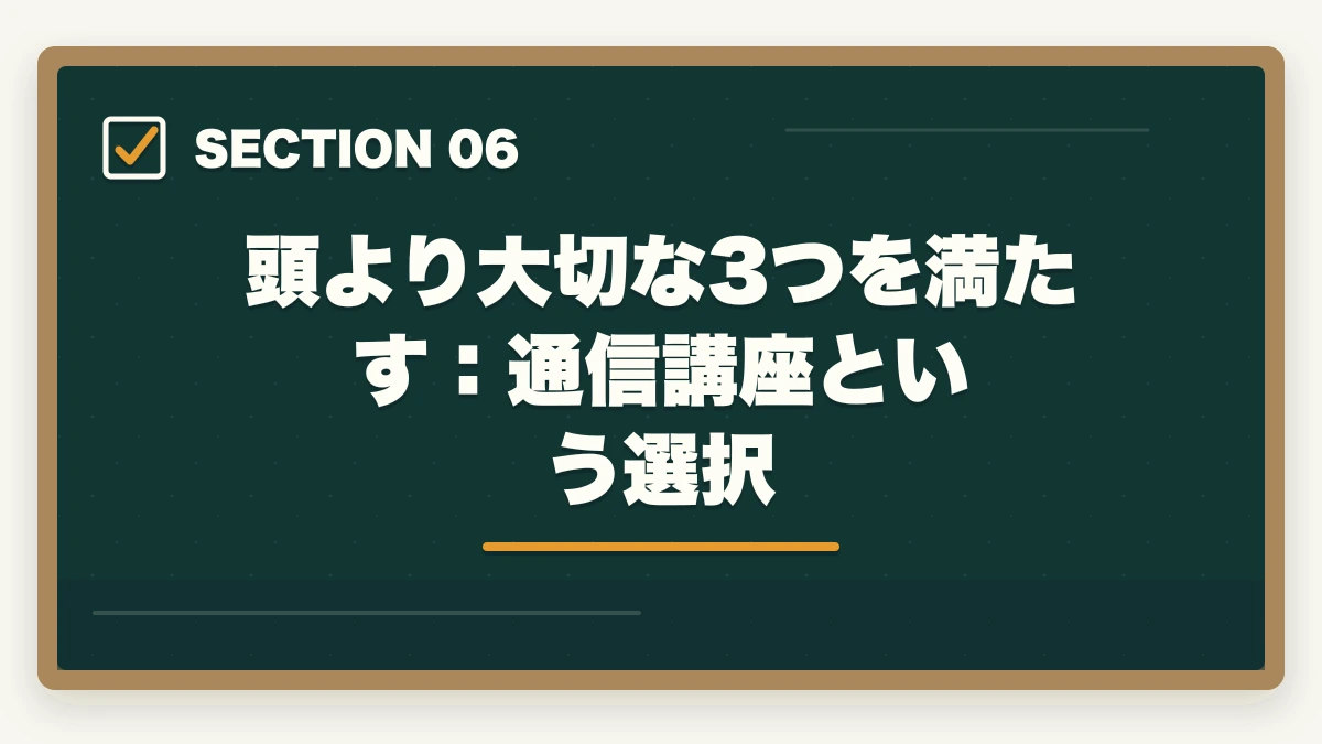頭より大切な3つを満たす：通信講座という選択｜弁護士は馬鹿でもなれる？【2026年版】才能より準備が9割・正しい方法で誰でも挑戦できるの図解