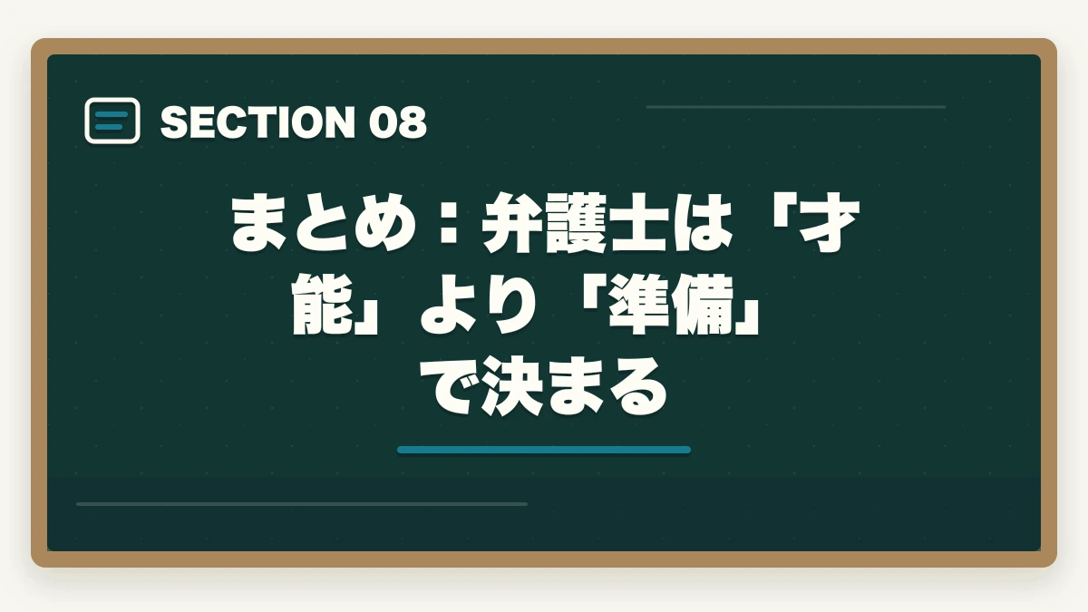 まとめ：弁護士は「才能」より「準備」で決まる｜弁護士は馬鹿でもなれる？【2026年版】才能より準備が9割・正しい方法で誰でも挑戦できるの図解