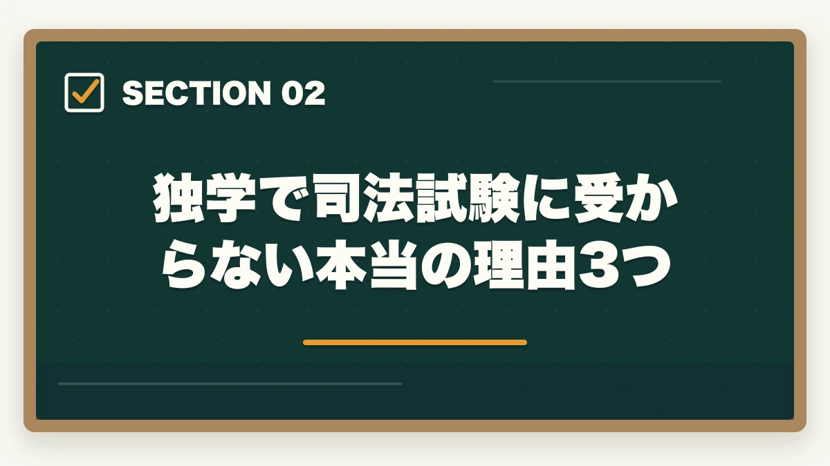 独学で司法試験に受からない本当の理由3つ｜司法試験を独学で目指してはいけない3つの理由｜合格者が選んだ正しい勉強法【2026年版】の図解