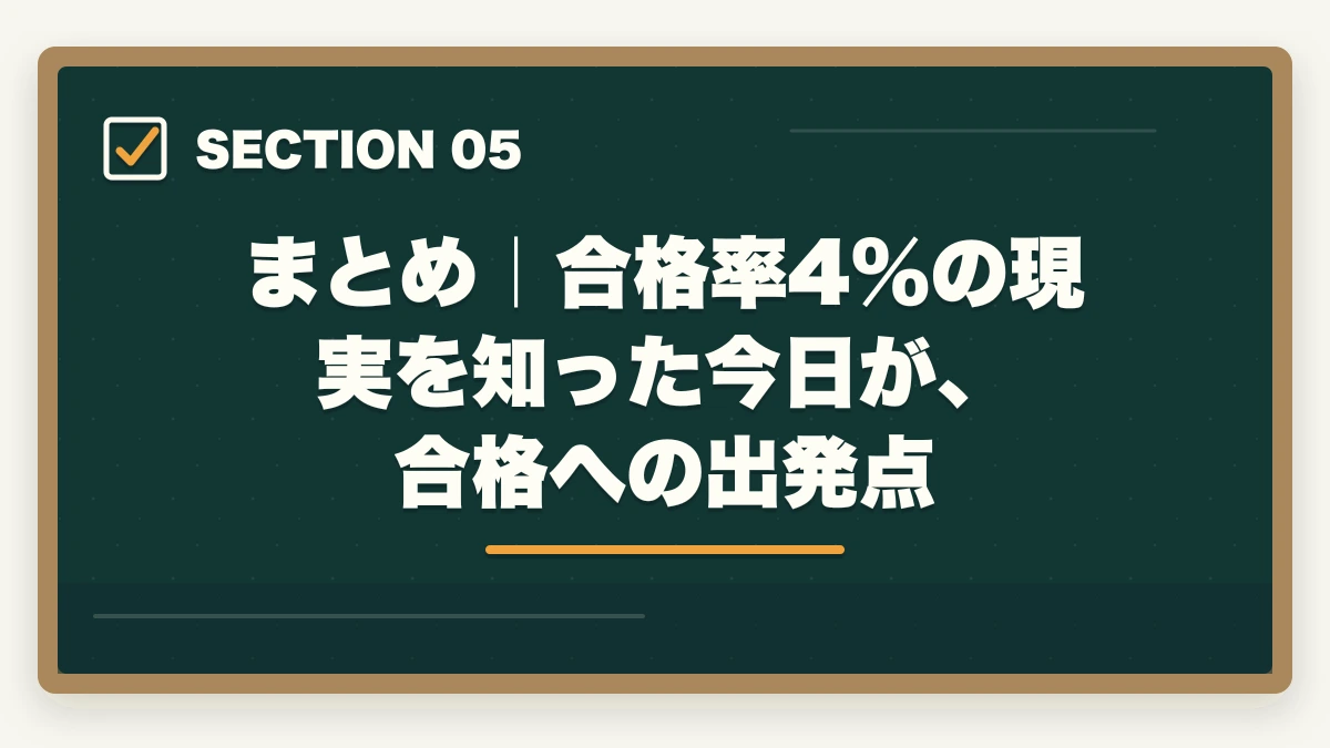 まとめ|合格率4%の現実を知った今日が、合格への出発点|予備試験の合格率はたった4%の現実|それでも受かる人がやっている3つのこと【2026年版】の図解