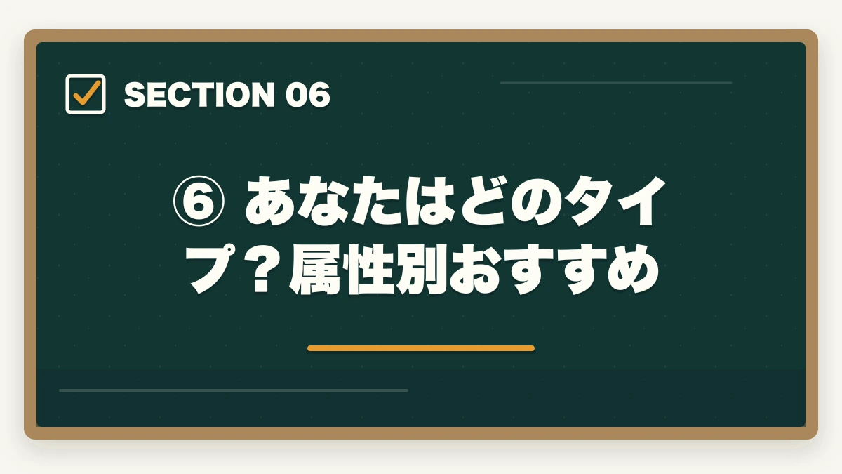 ⑥ あなたはどのタイプ?属性別おすすめ|司法試験の予備校・通信講座はどこがいい?通信講座比較サイト運営者が5社を徹底比較してランキング【2026年版】の図解