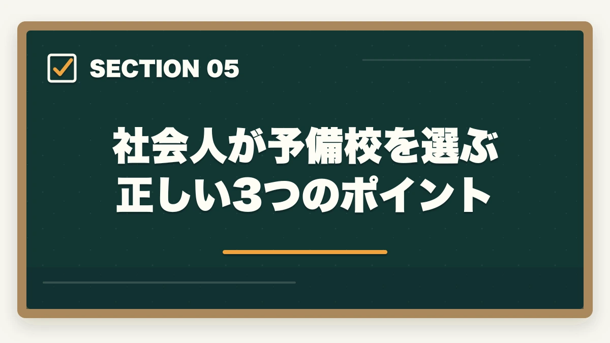 社会人が予備校を選ぶ正しい3つのポイント｜予備試験の予備校比較【社会人向け】仕事しながら合格できるおすすめランキング【2026年版】の図解
