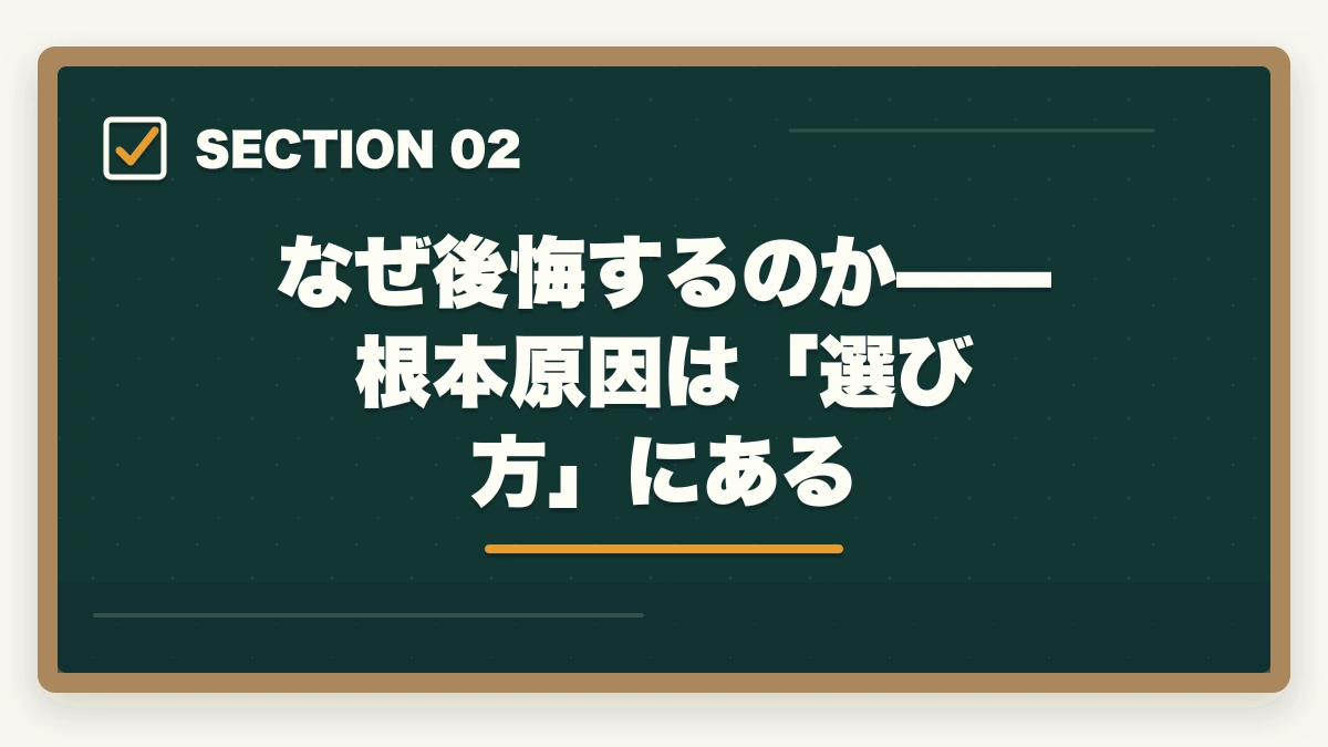なぜ後悔するのか——根本原因は「選び方」にある｜司法試験の予備校選びで後悔しない方法【2026年版】失敗を避ける選び方の図解