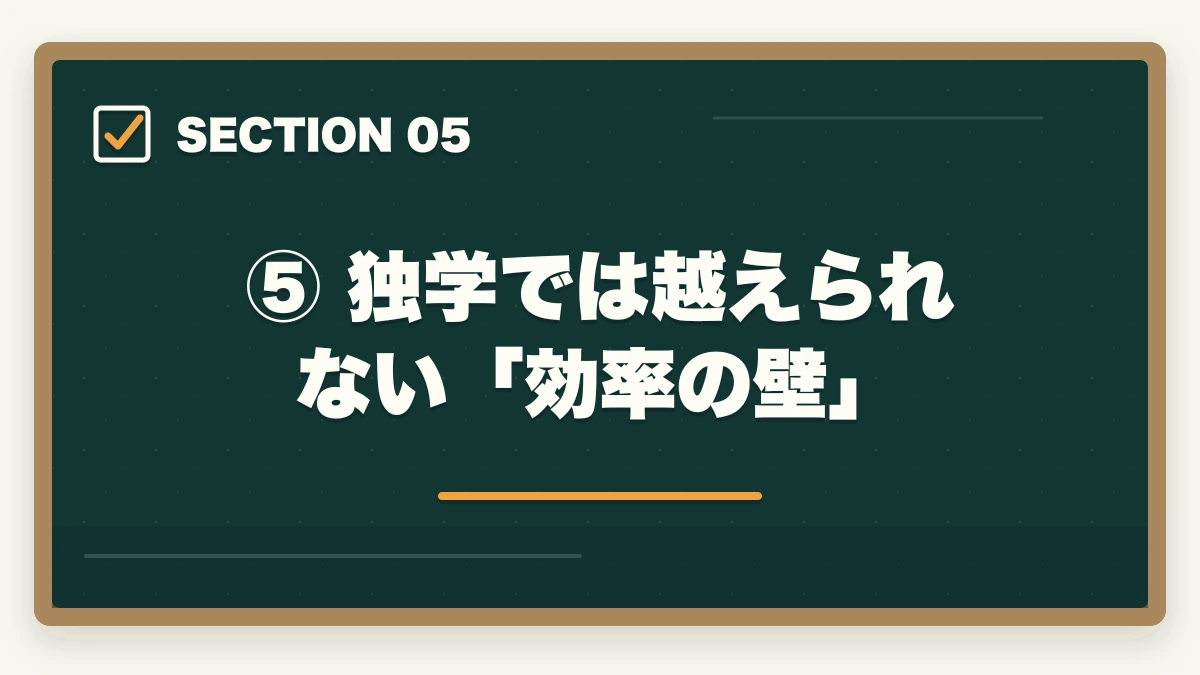 ⑤ 独学では越えられない「効率の壁」|司法試験の勉強効率が悪い原因と改善策【2026年版】やり方を変えれば合格できるの図解
