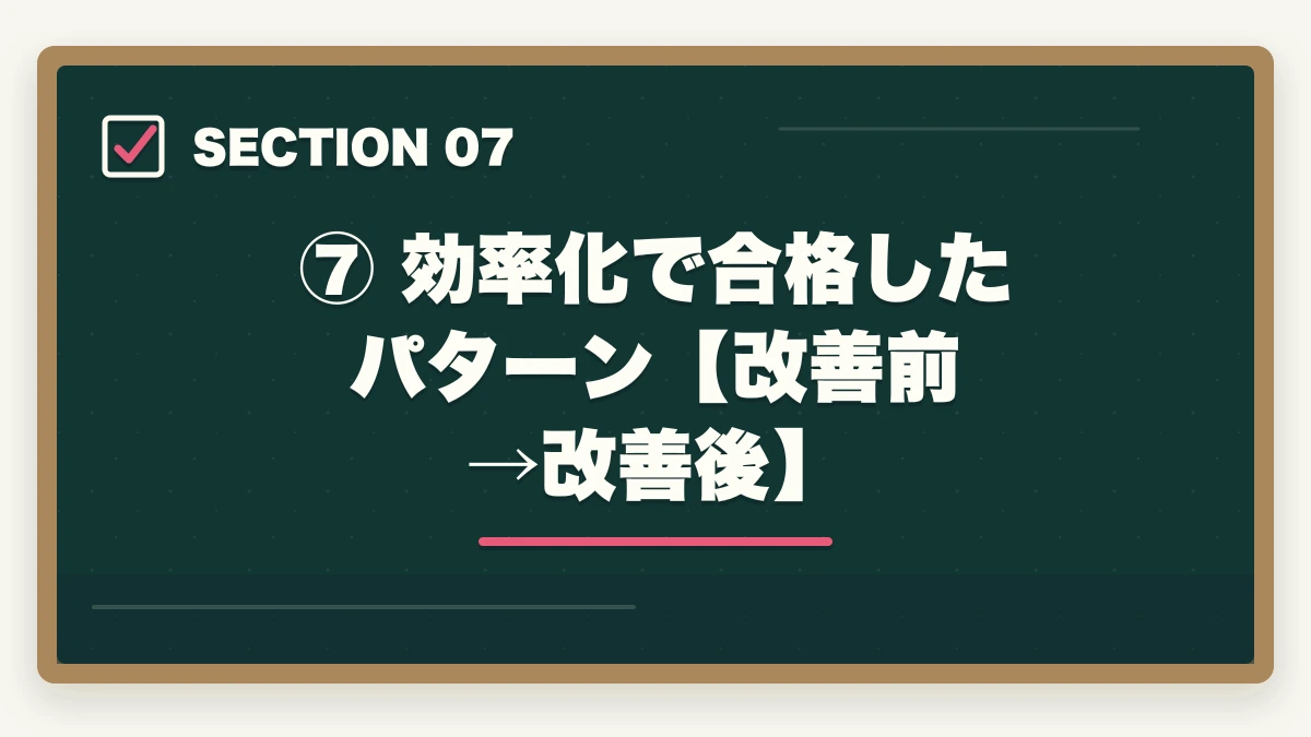 ⑦ 効率化で合格したパターン【改善前→改善後】|司法試験の勉強効率が悪い原因と改善策【2026年版】やり方を変えれば合格できるの図解