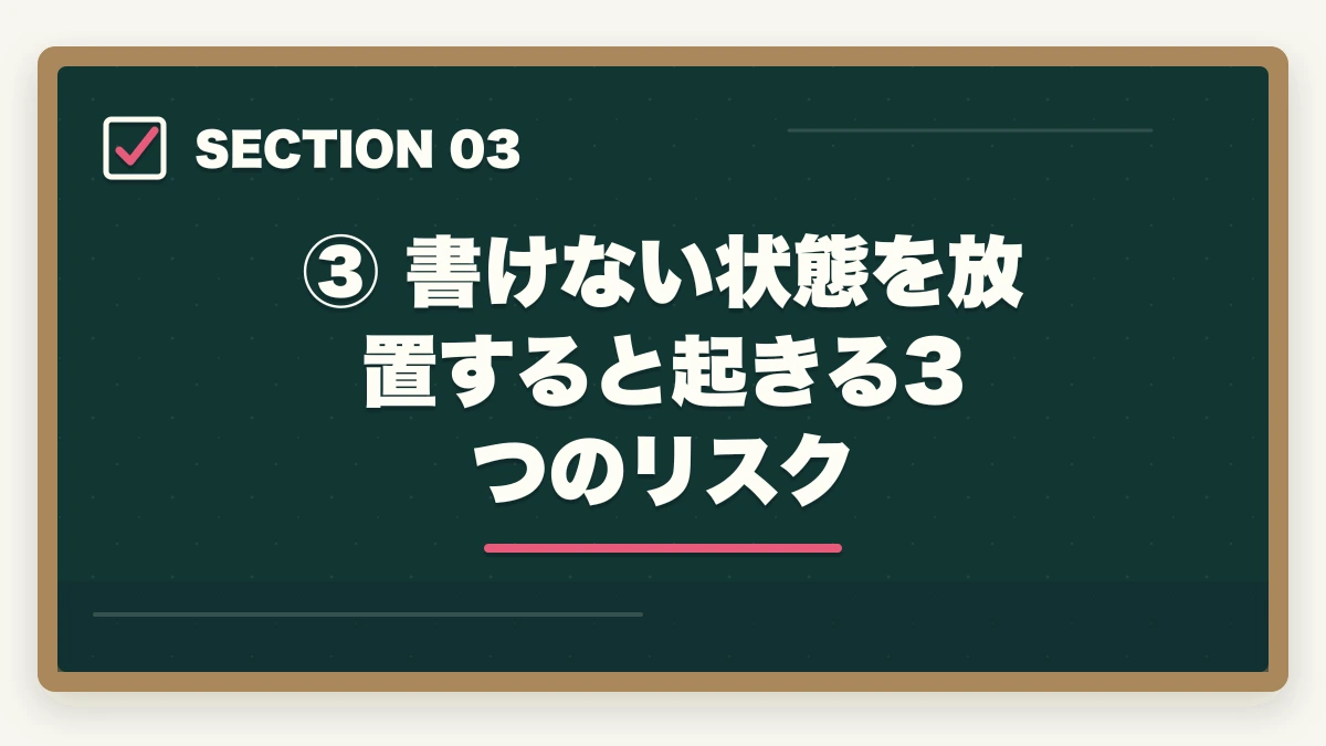③ 書けない状態を放置すると起きる3つのリスク|予備試験の論文が書けない原因と解決策【2026年版】型を知れば一気に変わるの図解