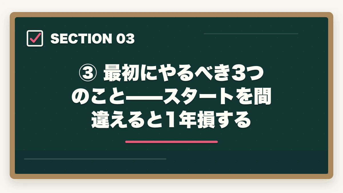 ③ 最初にやるべき3つのこと——スタートを間違えると1年損する|【2026年版】予備試験を独学で始める完全ロードマップ|どこから始めるか迷う人への図解