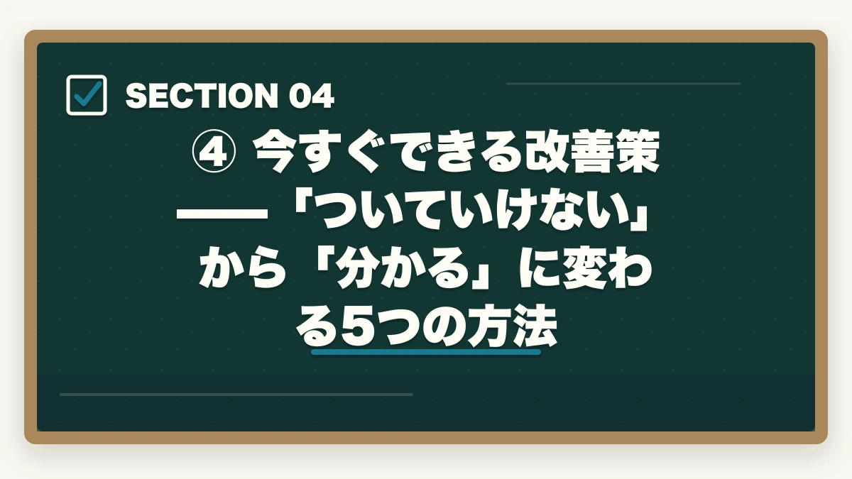 ④ 今すぐできる改善策——「ついていけない」から「分かる」に変わる5つの方法|【2026年版】予備試験の勉強についていけない原因と解決策|能力より「やり方」で変わるの図解