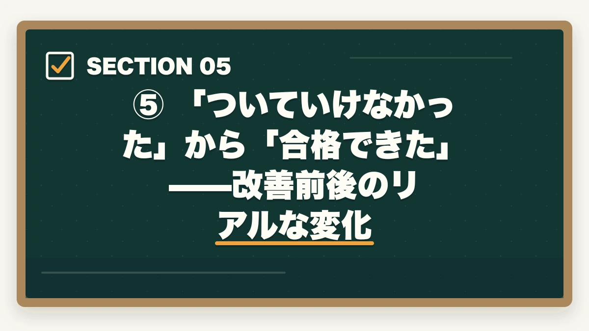 ⑤ 「ついていけなかった」から「合格できた」——改善前後のリアルな変化|【2026年版】予備試験の勉強についていけない原因と解決策|能力より「やり方」で変わるの図解