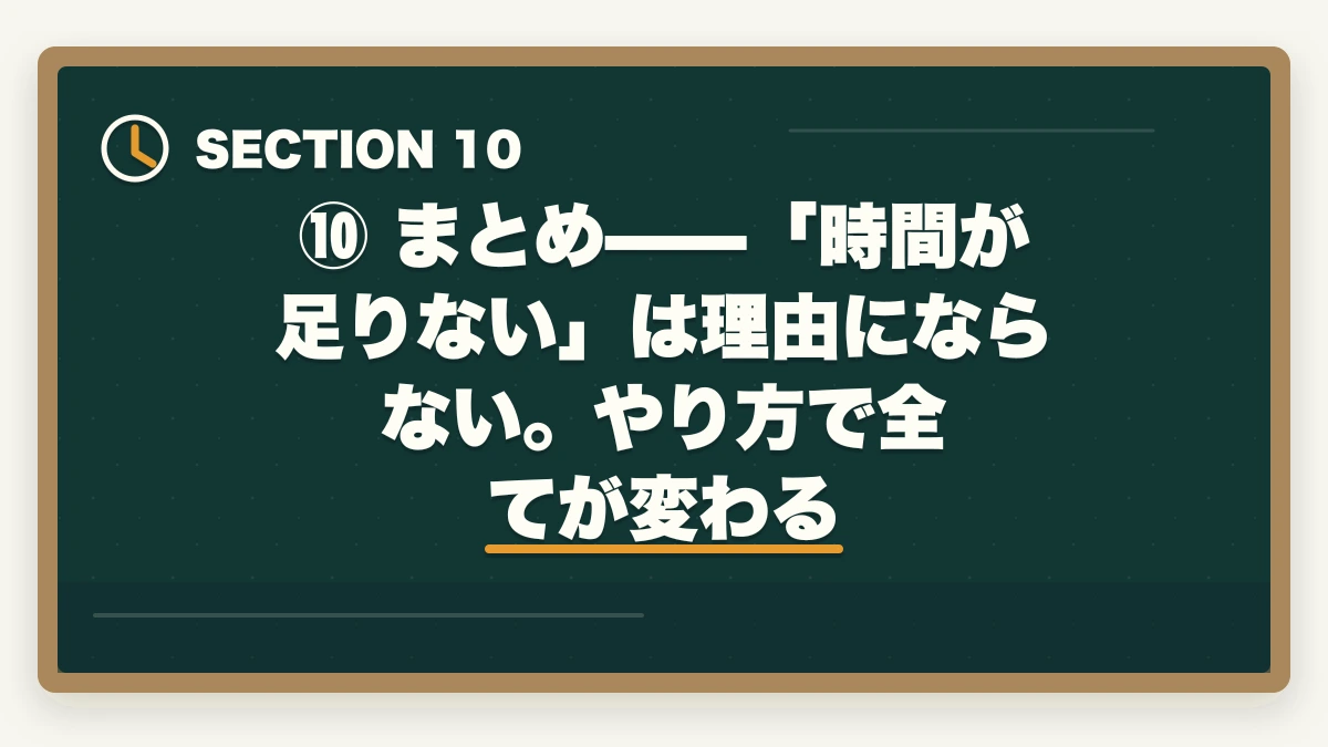 ⑩ まとめ——「時間が足りない」は理由にならない。やり方で全てが変わる｜【2026年版】司法試験の勉強で時間が足りない社会人へ｜効率化で逆転合格する方法の図解