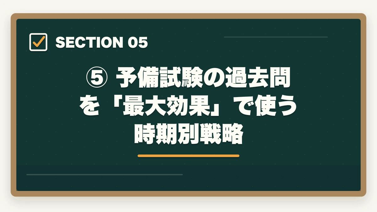 ⑤ 予備試験の過去問を「最大効果」で使う時期別戦略|【2026年版】予備試験の過去問はいつから始めるべきか?短答・論文・口述の最適開始時期を徹底解説の図解