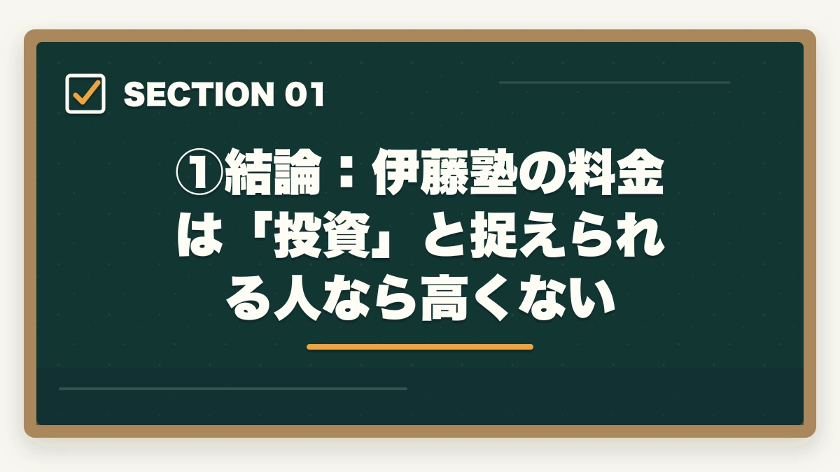 ①結論：伊藤塾の料金は「投資」と捉えられる人なら高くない｜伊藤塾の費用・料金は高すぎる？コース別料金と費用対効果を現役士業が完全分解【2026年最新】の図解