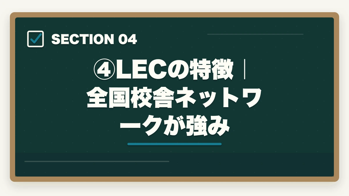 ④LECの特徴｜全国校舎ネットワークが強み｜伊藤塾vs LEC【司法試験・予備試験】徹底比較！現役士業がどちらを選ぶか解説【2026年版】の図解