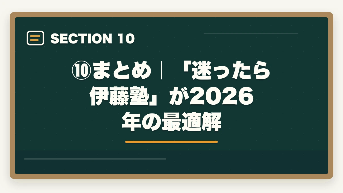 ⑩まとめ｜「迷ったら伊藤塾」が2026年の最適解｜伊藤塾vs LEC【司法試験・予備試験】徹底比較！現役士業がどちらを選ぶか解説【2026年版】の図解