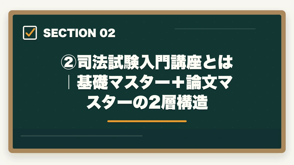 ②司法試験入門講座とは|基礎マスター+論文マスターの2層構造|伊藤塾の司法試験入門講座を徹底レビュー|基礎マスター+論文マスターは本当に価値があるのか【2026年最新】の図解