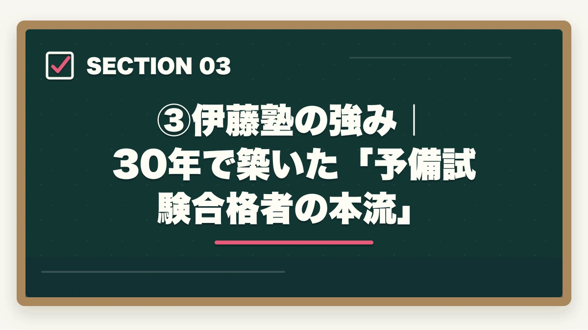 ③伊藤塾の強み｜30年で築いた「予備試験合格者の本流」｜伊藤塾vs アガルート【予備試験】徹底比較！老舗30年vs新興スクール、どちらを選ぶか現役士業が解説【2026年版】の図解