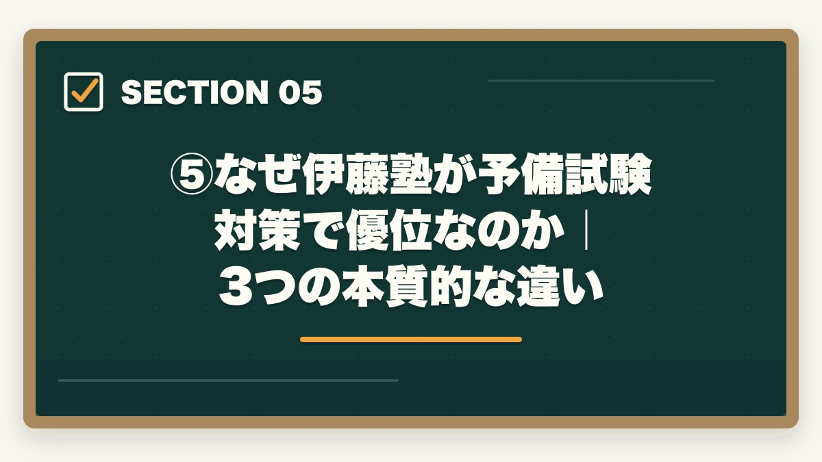 ⑤なぜ伊藤塾が予備試験対策で優位なのか｜3つの本質的な違い｜伊藤塾vs アガルート【予備試験】徹底比較！老舗30年vs新興スクール、どちらを選ぶか現役士業が解説【2026年版】の図解