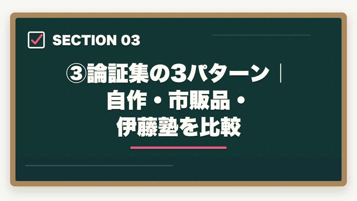 ③論証集の3パターン|自作・市販品・伊藤塾を比較|伊藤塾流 論証集の作り方完全ガイド|合格答案を書ける論証集を作る5ステップを現役士業が解説【2026年版】の図解