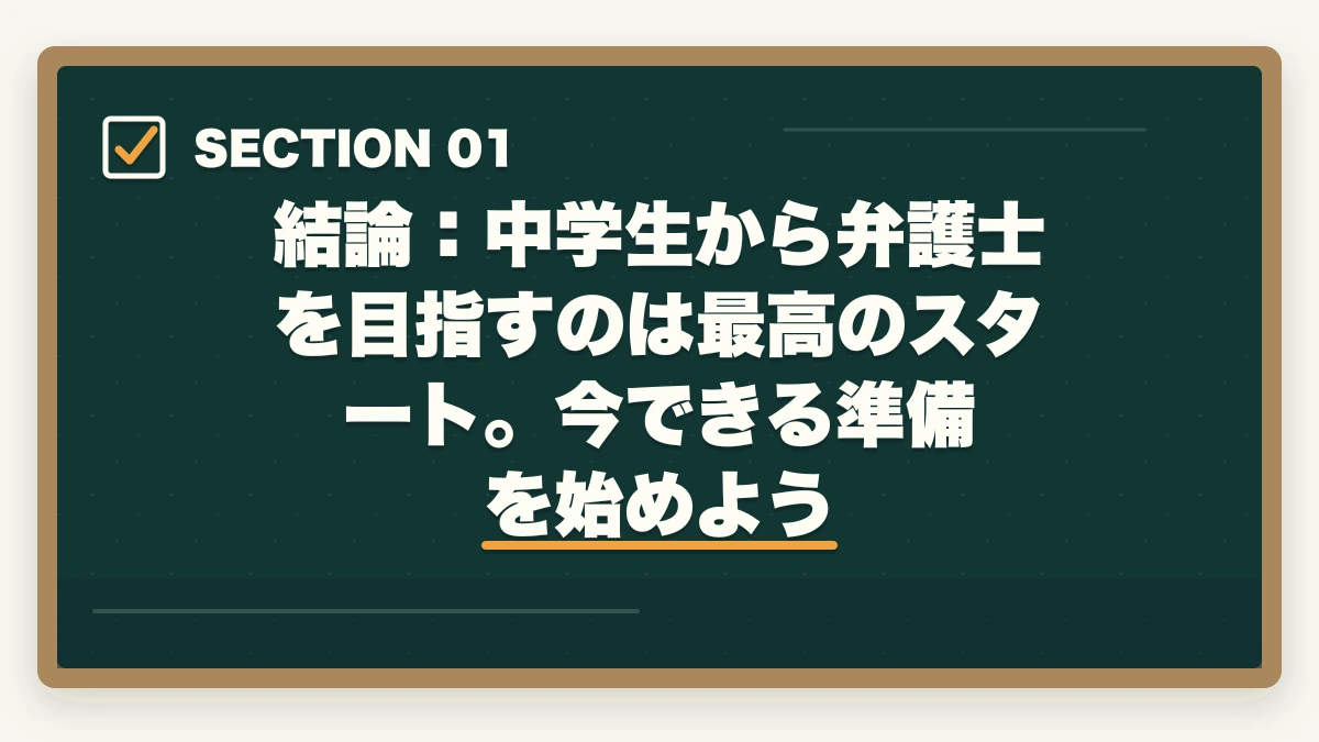 結論：中学生から弁護士を目指すのは最高のスタート。今できる準備を始めよう｜弁護士になるためには？中学生が今から始めるべきこと【2026年最新・完全ガイド】の図解