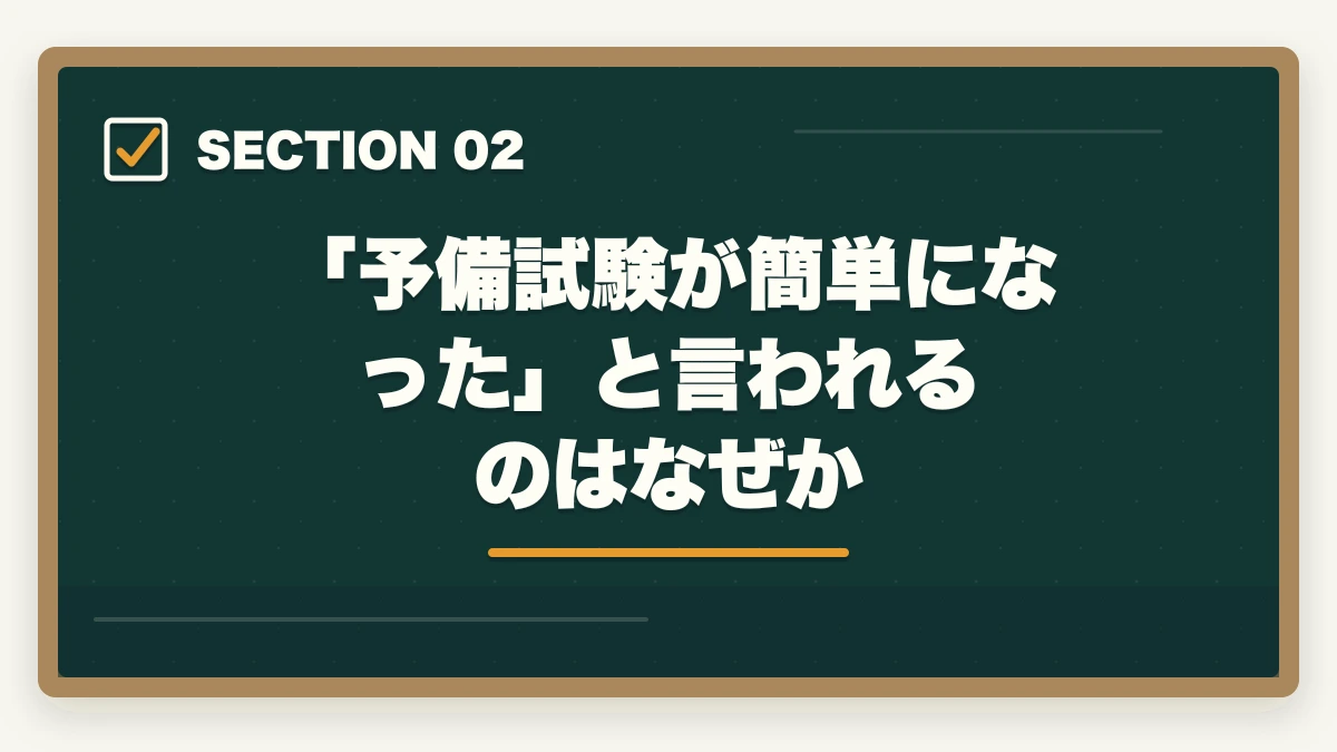 「予備試験が簡単になった」と言われるのはなぜか|予備試験は簡単になった?【2026年最新】合格率・難易度の真実と通信講座で確実に合格する方法の図解