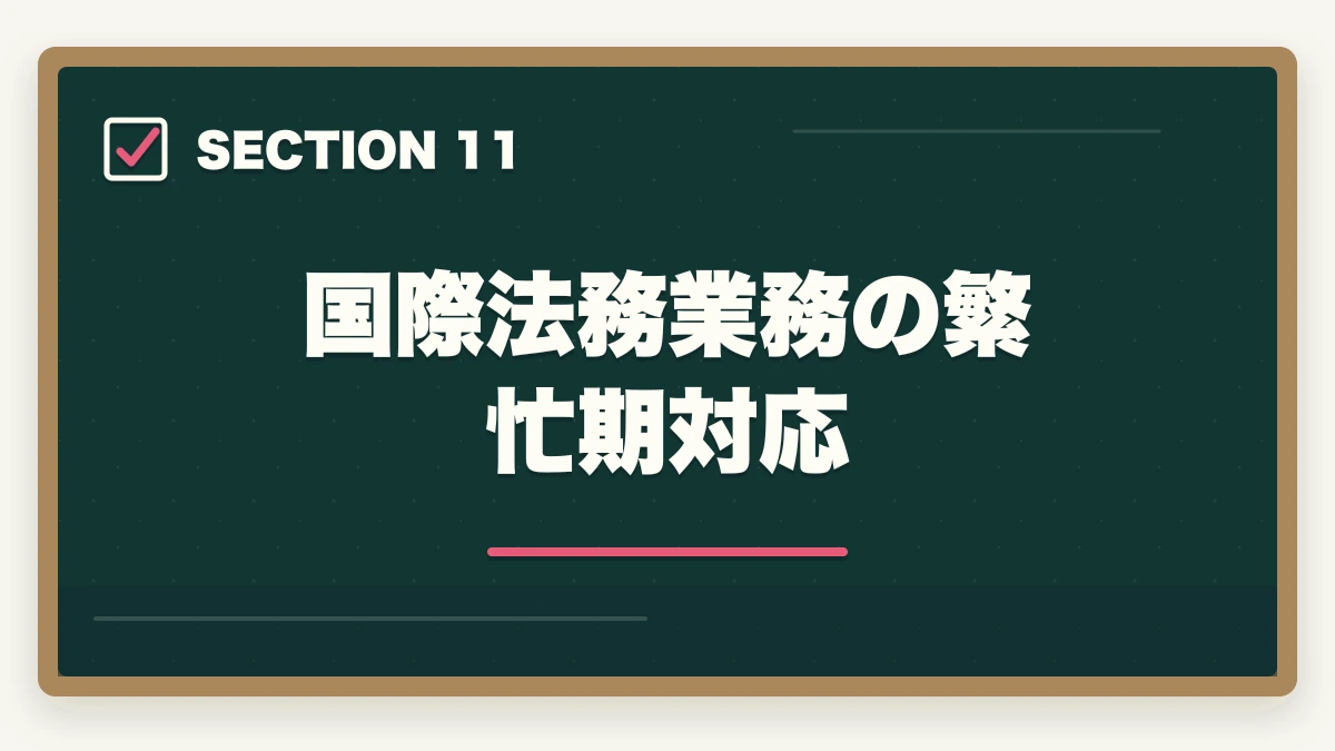 国際法務業務の繁忙期対応｜弁護士の国際法務業務完全ガイド｜英語スキルで年収4000万円達成戦略【2026年版】の図解