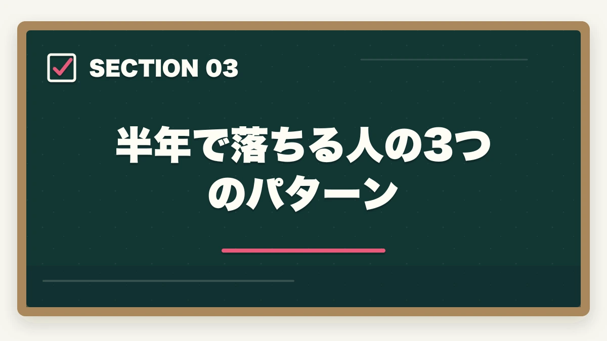 半年で落ちる人の3つのパターン|予備試験に半年で合格!逆算学習法と通信講座で最短ルートを攻略する【2026年版】の図解