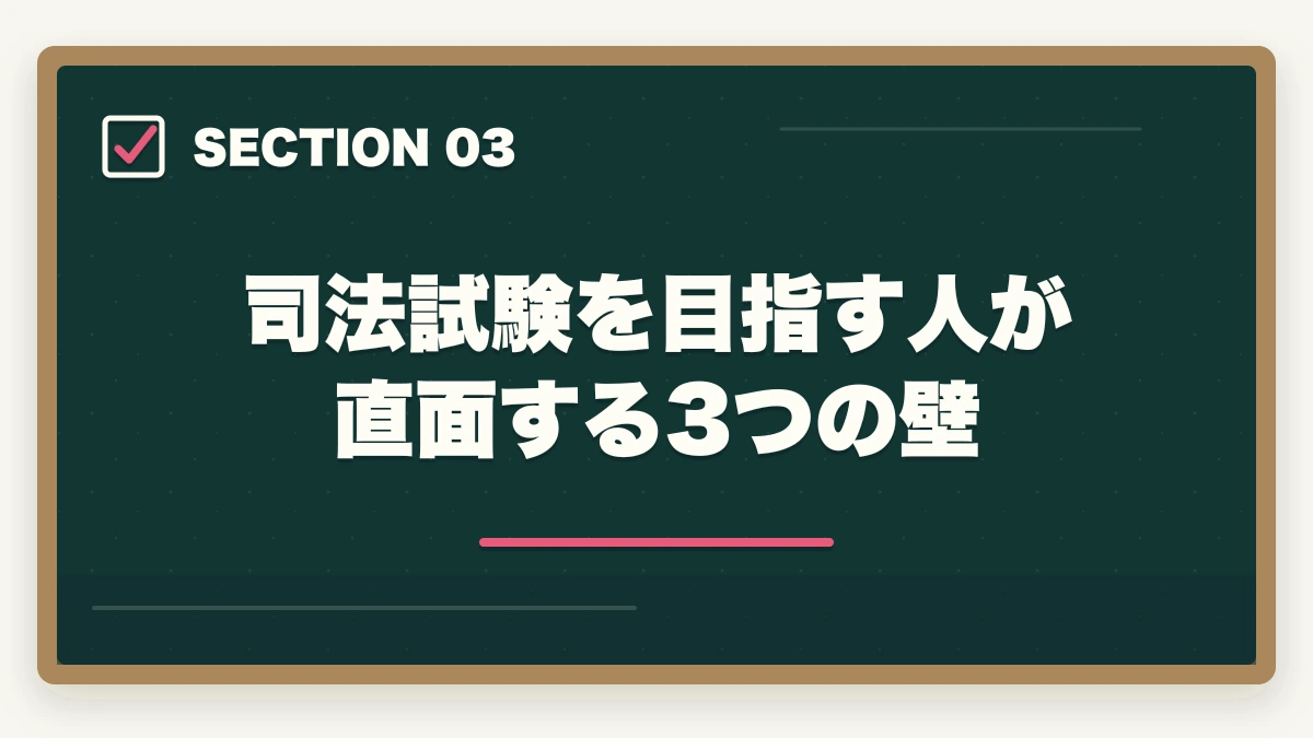 司法試験を目指す人が直面する3つの壁|司法試験に合格すると人生が変わる理由【弁護士を目指す通信講座完全ガイド2026年版】の図解