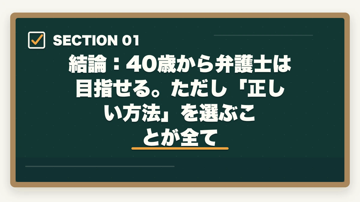 結論：40歳から弁護士は目指せる。ただし「正しい方法」を選ぶことが全て｜40歳から弁護士は目指せる？【2026年最新】現実的な方法とおすすめ通信講座を解説の図解