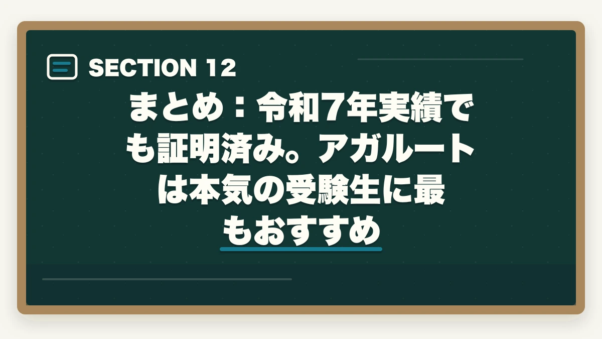 まとめ:令和7年実績でも証明済み。アガルートは本気の受験生に最もおすすめ|アガルートの評判は?【令和7年(2025年)最新】予備試験・司法試験の合格実績と口コミを徹底解説の図解
