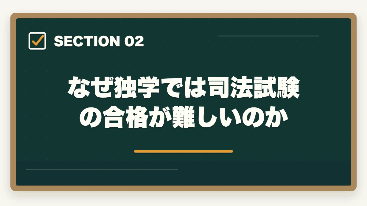 なぜ独学では司法試験の合格が難しいのか｜司法試験に受からない人の5つの特徴と今すぐできる改善策【2026年版】の図解