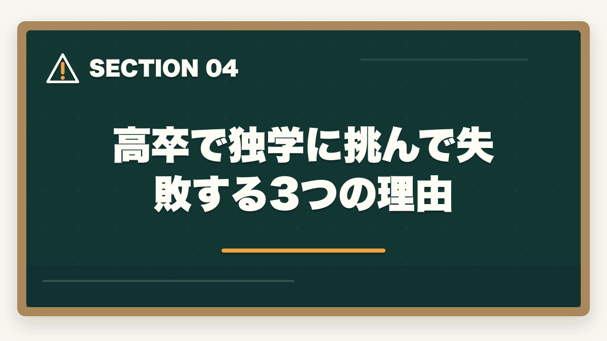 高卒で独学に挑んで失敗する3つの理由|高卒で司法試験に合格した人の勉強法【2026年版】予備試験ルートなら学歴不問で弁護士になれるの図解