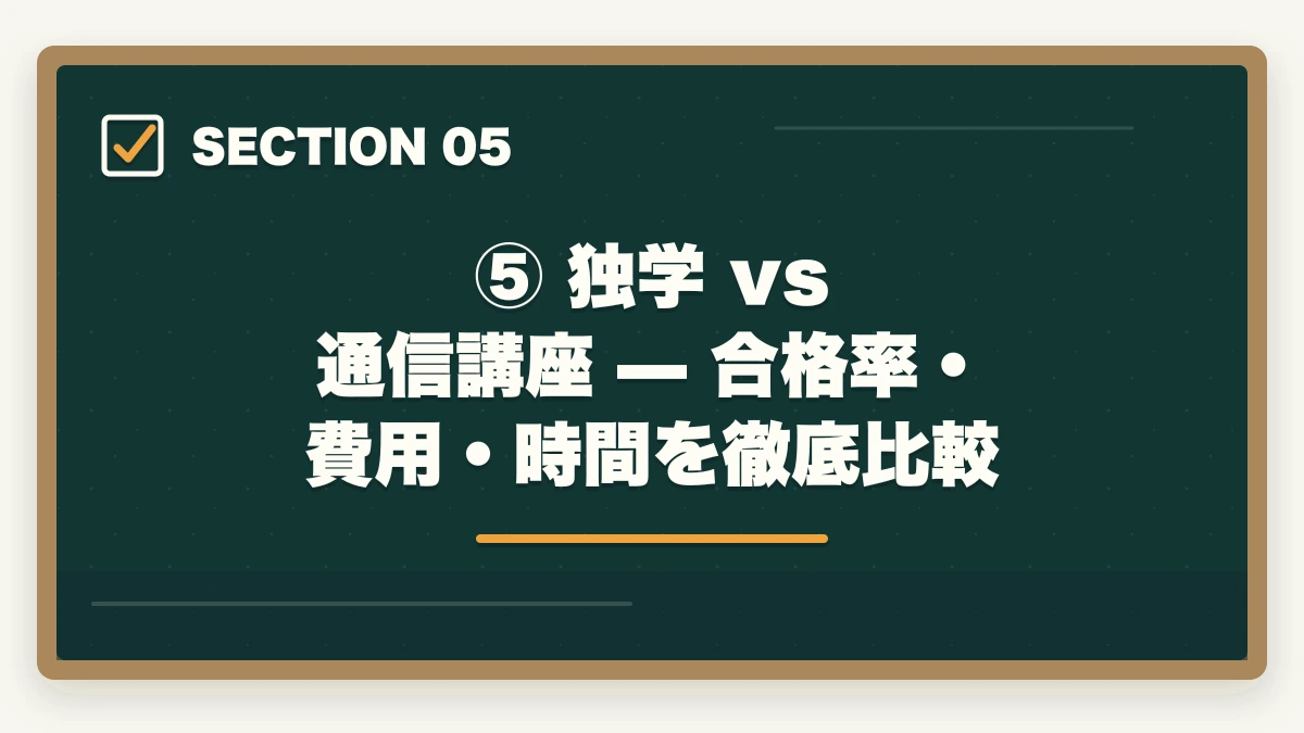 ⑤ 独学 vs 通信講座 — 合格率・費用・時間を徹底比較｜予備試験の独学はやめたほうがいい？【通信講座比較サイト運営者が明かす7つの理由と最短合格法】の図解