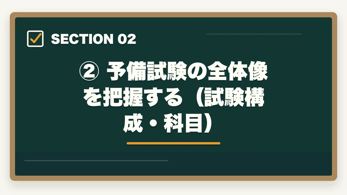 ② 予備試験の全体像を把握する（試験構成・科目）｜予備試験1年合格は可能か？社会人向け完全スケジュール【月別プラン付き】の図解