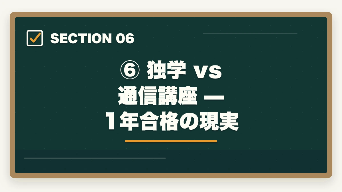 ⑥ 独学 vs 通信講座 — 1年合格の現実｜予備試験1年合格は可能か？社会人向け完全スケジュール【月別プラン付き】の図解